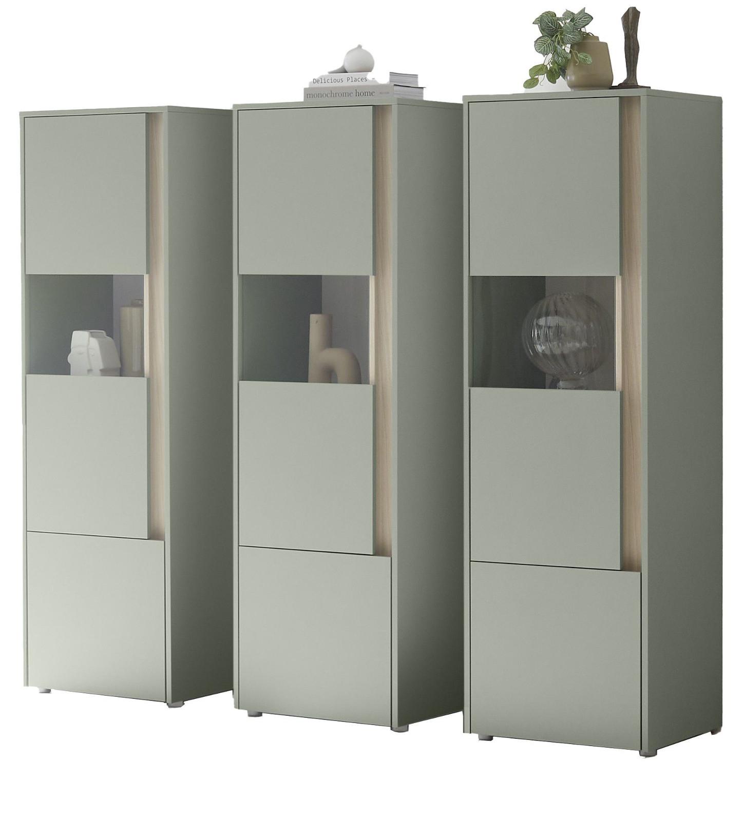 SCHRANK-SET Salbei grün, Barista Eiche 190 cm, Vitrinen-Set mit 3x Vitrine je 50x 155 cm - Salbeigrün/Eichefarben, Glas/Holzwerkstoff (190/155/40cm) - Furn.Design