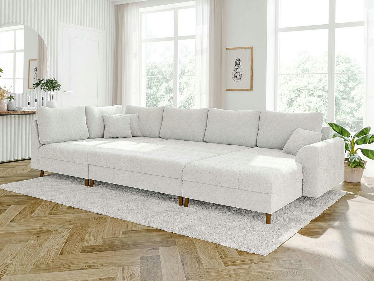 WOHNLANDSCHAFT inkl. Hocker Henrik Weiß Boucle - Weiß/Braun, Holz/Textil (310/81/161cm) - S-Style