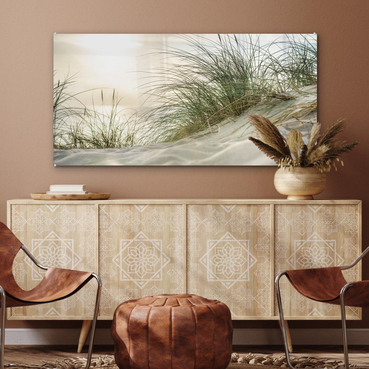 ACRYLGLASBILD Dünen mit Strandhafer in der Sonne des Nationalparks Schleswig-Holsteinisches Wattenmeer 120x60 cm - Creme, Glas (120/60cm) - MuchoWow