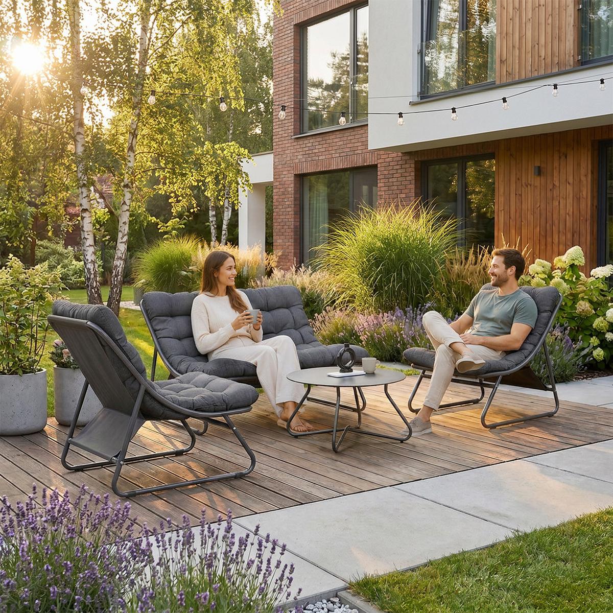 GARTENSET Solaro , aus Metall, 2 Sessel + 2-Sitzer Sofa + Couchtisch, Dunkelgrau - Dunkelgrau, Metall - Beautysofa