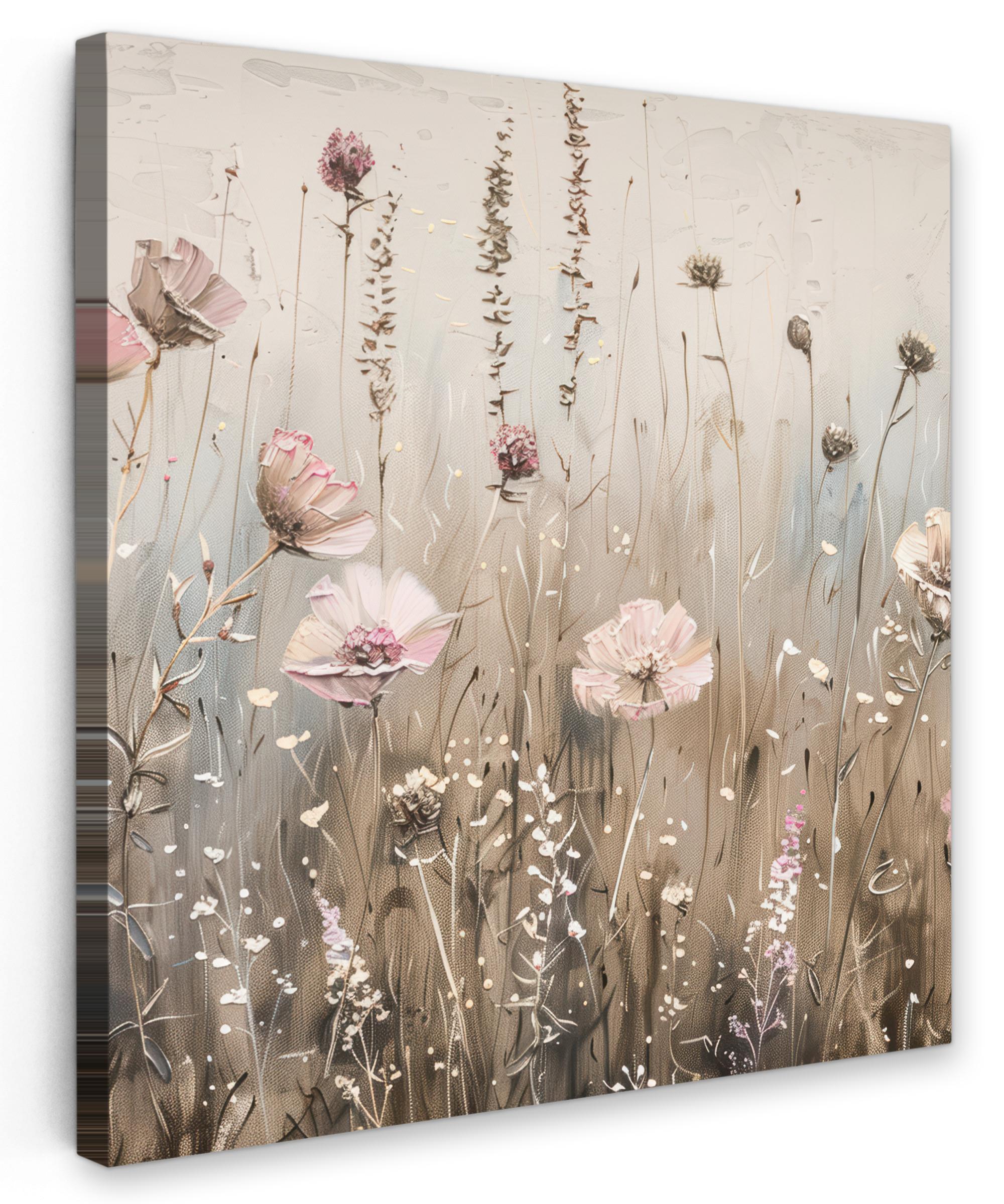 LEINWANDBILD Blumen - Rosa - Modern - Beige Wandbild Wohnzimmer 50x50 cm - Beige, Textil (50/50cm) - MuchoWow