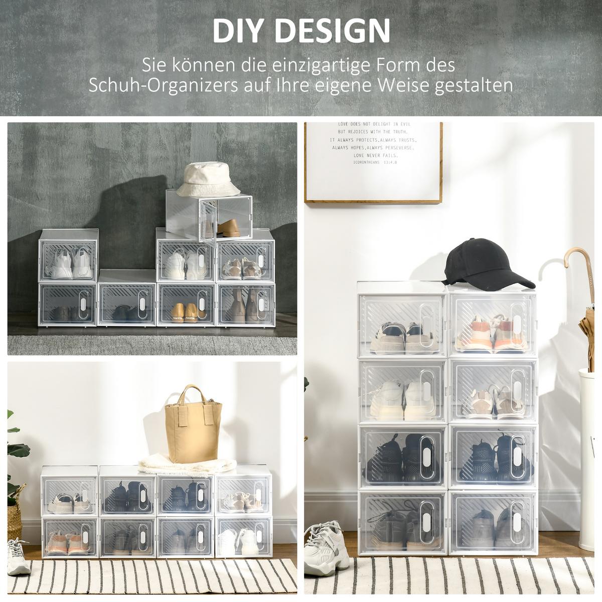 DIY Schuhbox Aufbewahrungsbox mit 8 Fächern 8er Pack Schuhkartons Transparent - Transparent, Kunststoff (25/19/35cm) - HOMCOM