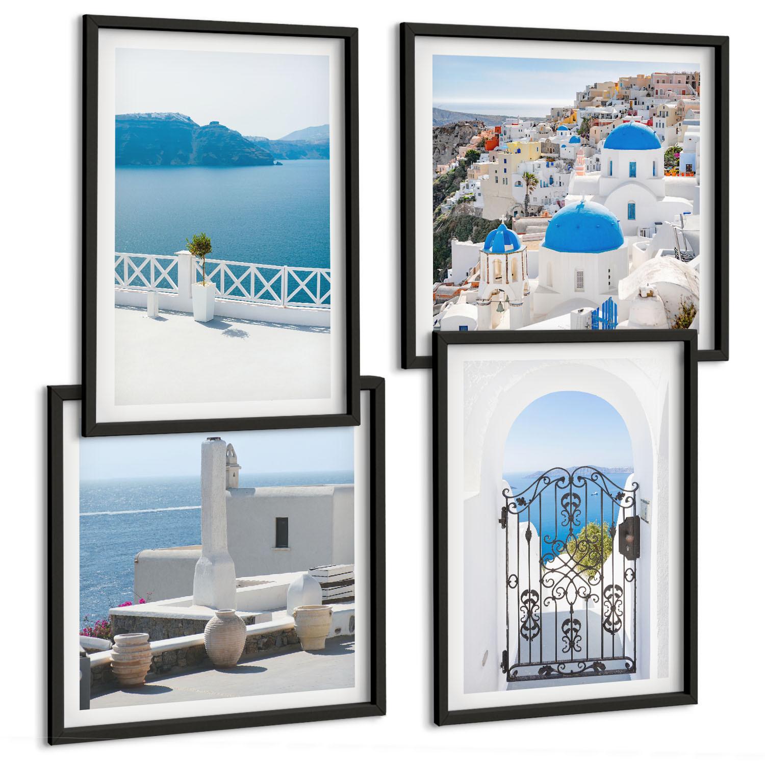 BILDER SET 4er Set - 50x50 cm & 40x60 cm Schwarzer Rahmen - Gebäude am Weißen Meer, Griechenland - Schwarz, Kunststoff (50/50cm) - TULUP