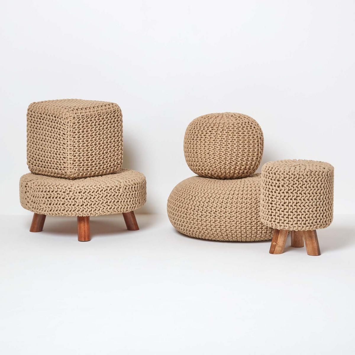 STRICK-HOCKER beige, Dreibein 32/32/42 cm - Beige, Textil (32/42/32cm) - Homescapes