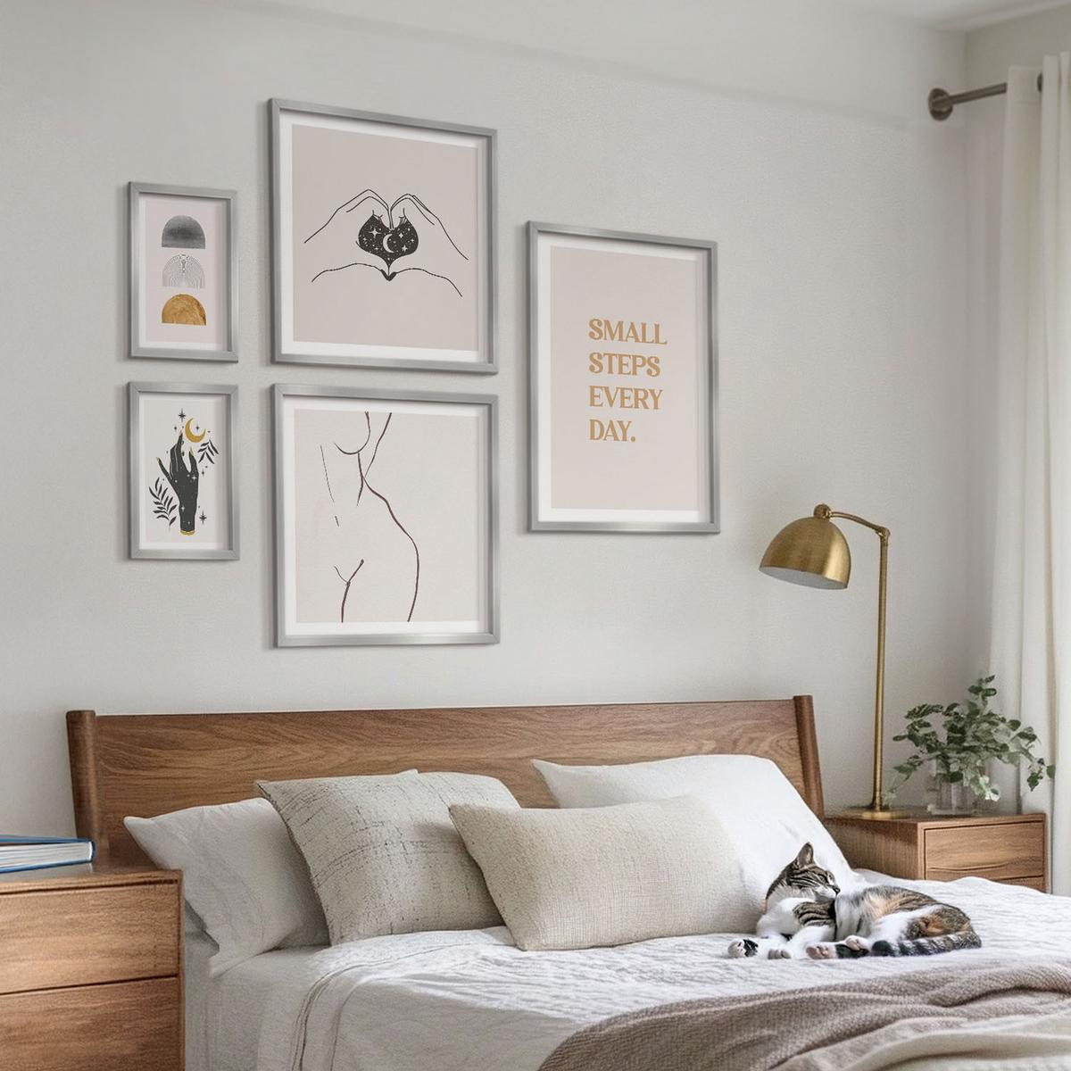 BILDER SET 5er Set - 50x50 cm & 20x30 cm & 40x60 cm Silberner Rahmen - Abstrakte Blumen aus Marmor - Silberfarben, Kunststoff (40/60cm) - TULUP