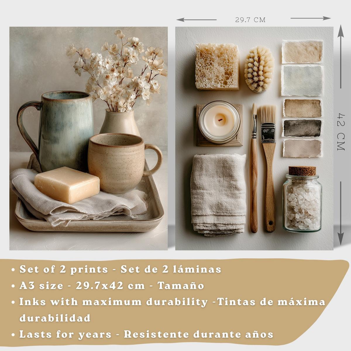 POSTER 2er-Set dekorative Badezimmer-Wandbilder und für Waschbecken, Dusche, WC mit Seifen, Tassen, Blumen künstlerischer Leichter Holzrahmen A3 - Beige, Papier (42/29.7/3cm) - Nacnic
