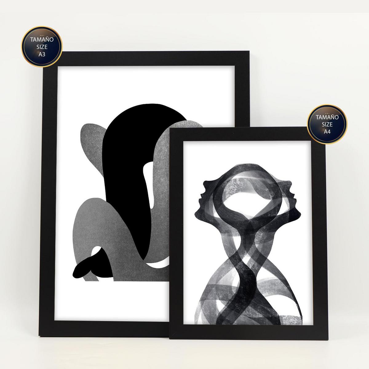 POSTER Set Mit 6 Gebogener Körper In Liebhaber Abstrakt Ästhetische Dekorative Gemälde Für Ihr Wohnzimmer Zuhause A3 & A4 Schwarzer Rahmen - Schwarz, Papier (29/3cm) - Nacnic