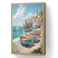 WANDLEUCHTE MIT AKKU Boote - Felsen - Meer - Sonne 40x60 cm - Blau, Holzwerkstoff (40/60/8cm) - OnlyWow