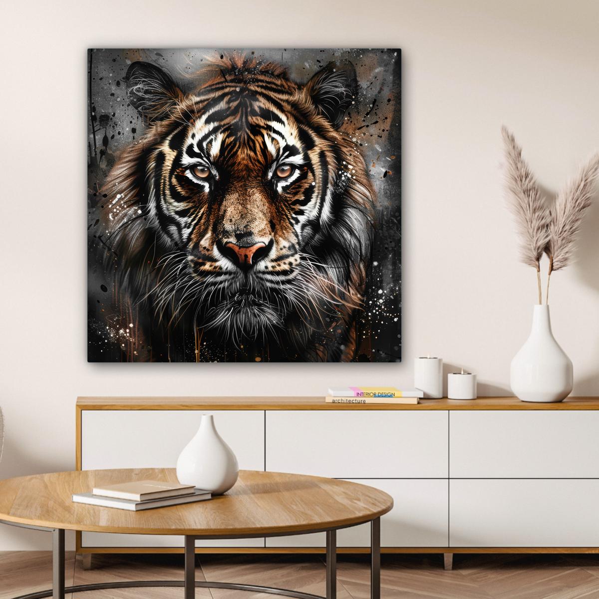 LEINWANDBILD Tiger - Tiere - Porträt - Luxus - Schwarz Deko Groß 90x90 cm - Anthrazit, Textil (90/90cm) - MuchoWow