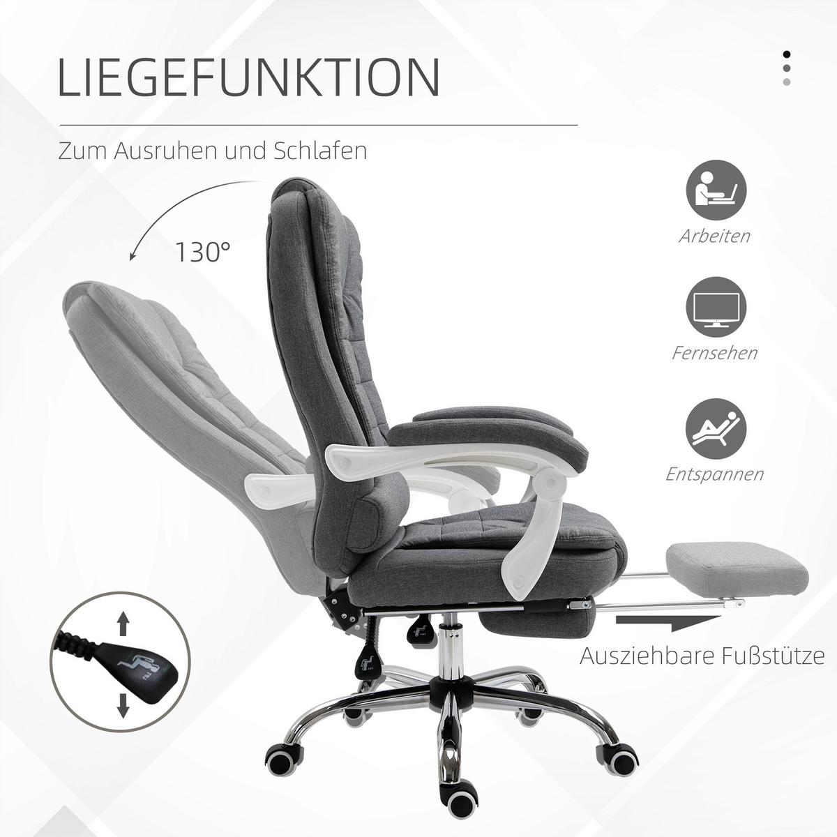 BÜROSTUHL höhenverstellbarer Schreibtischstuhl mit Fußstütze, Leinenoptik Grau - Grau, Metall (70/118/65cm) - Vinsetto