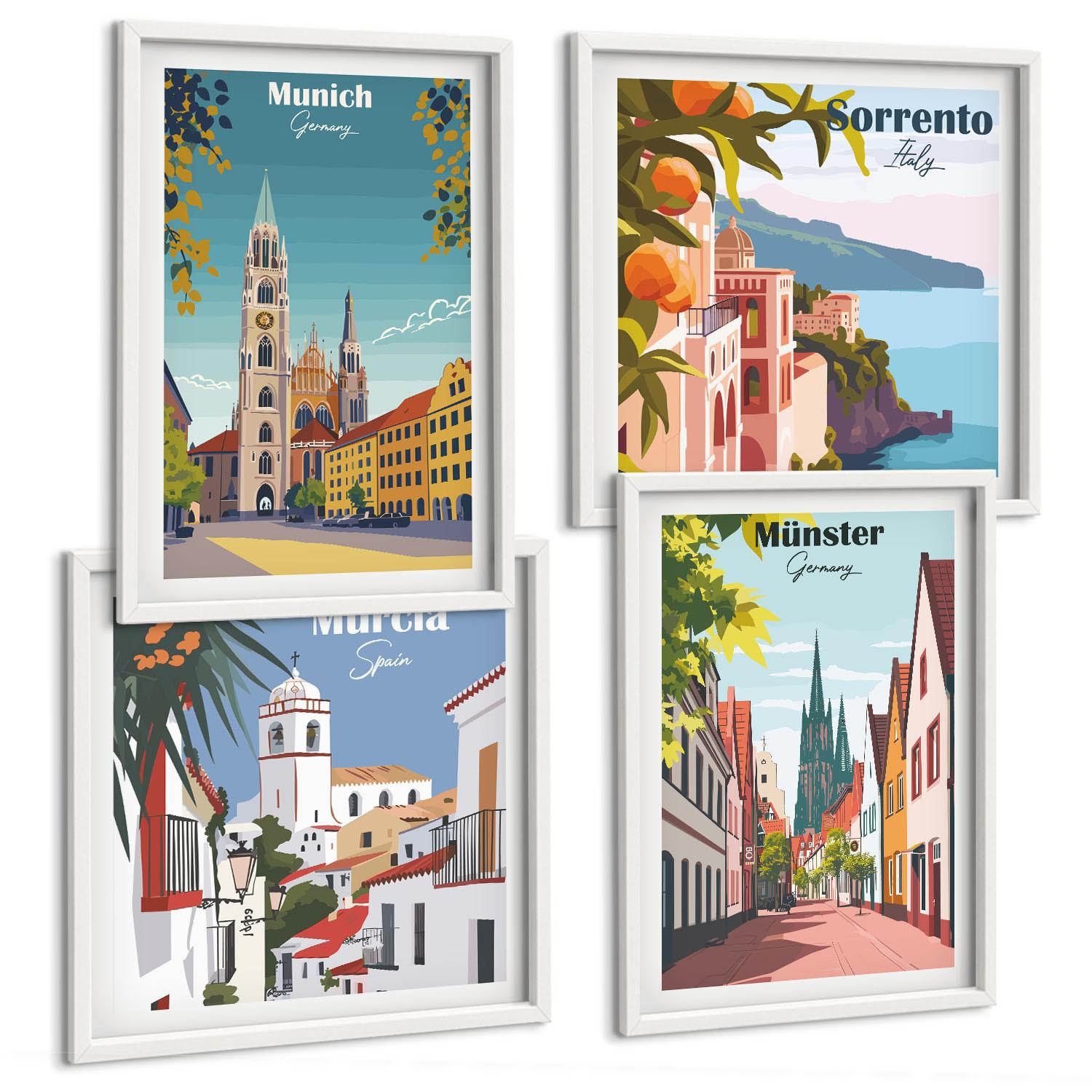 BILDER SET 4er Set - 50x50 cm & 40x60 cm Weißer Rahmen - Europäische Städte in farbigen Illustrationen - Weiß, Kunststoff (50/50cm) - TULUP