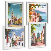 BILDER SET 4er Set - 50x50 cm & 40x60 cm Weißer Rahmen - Europäische Städte in farbigen Illustrationen - Weiß, Kunststoff (50/50cm) - TULUP