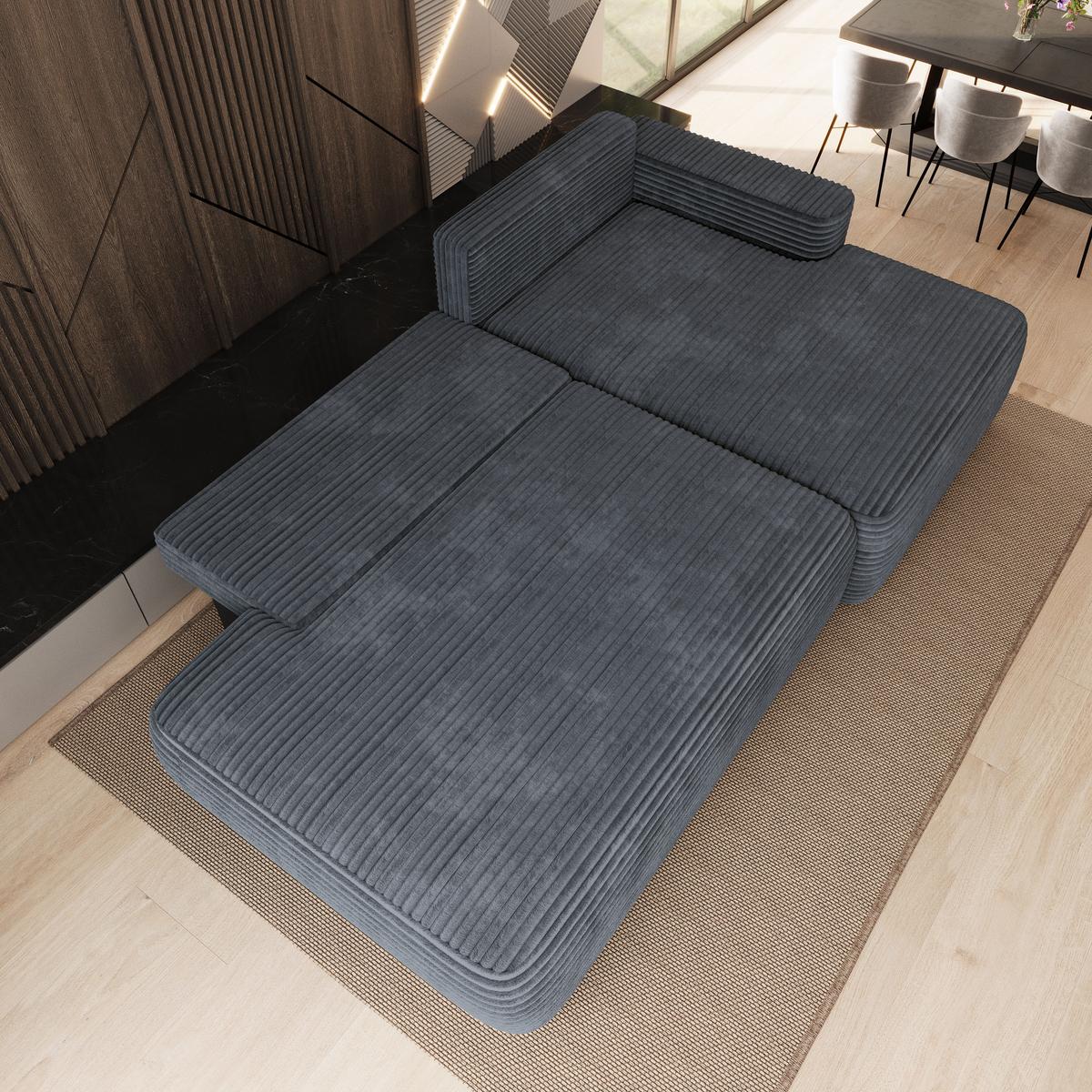 ECKSOFA AVINI T R-S Grau Kordstoff mit Schlaffunktion - Grau, Holzwerkstoff/Textil (277/160cm) - MASSENO