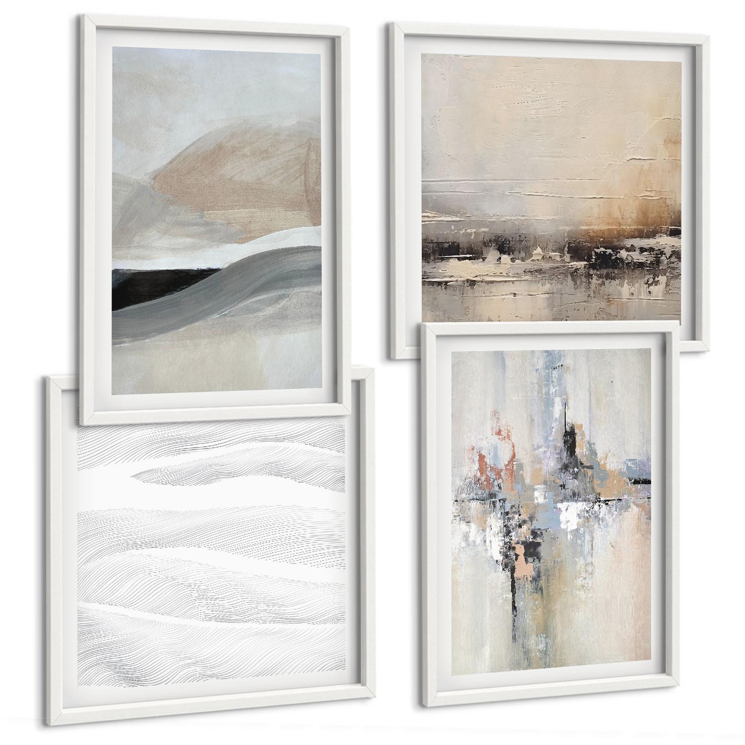 BILDER SET 4er Set - 50x50 cm & 40x60 cm Weißer Rahmen - Abstrakte Erdmuster - Weiß, Kunststoff (50/50cm) - TULUP