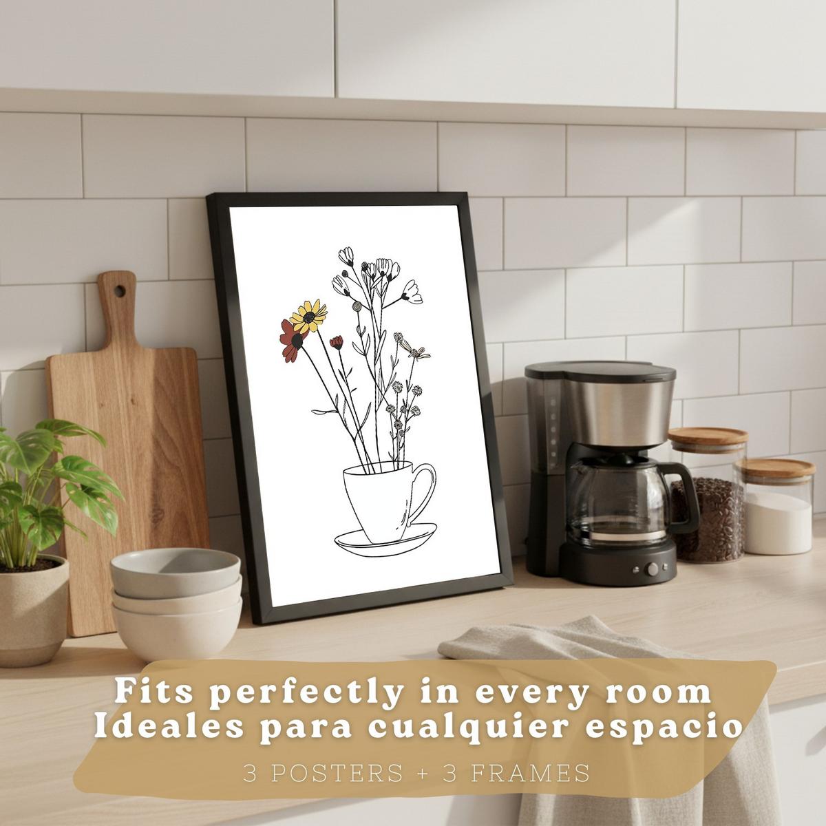 POSTER 3er Set Blumen in Kaffeekanne Wandbilder Mokkakanne Teekanne Tasse Strichzeichnung Küche Deko Schwarzer Rahmen A3 - Schwarz, Papier (29.7/1/42cm) - Nacnic