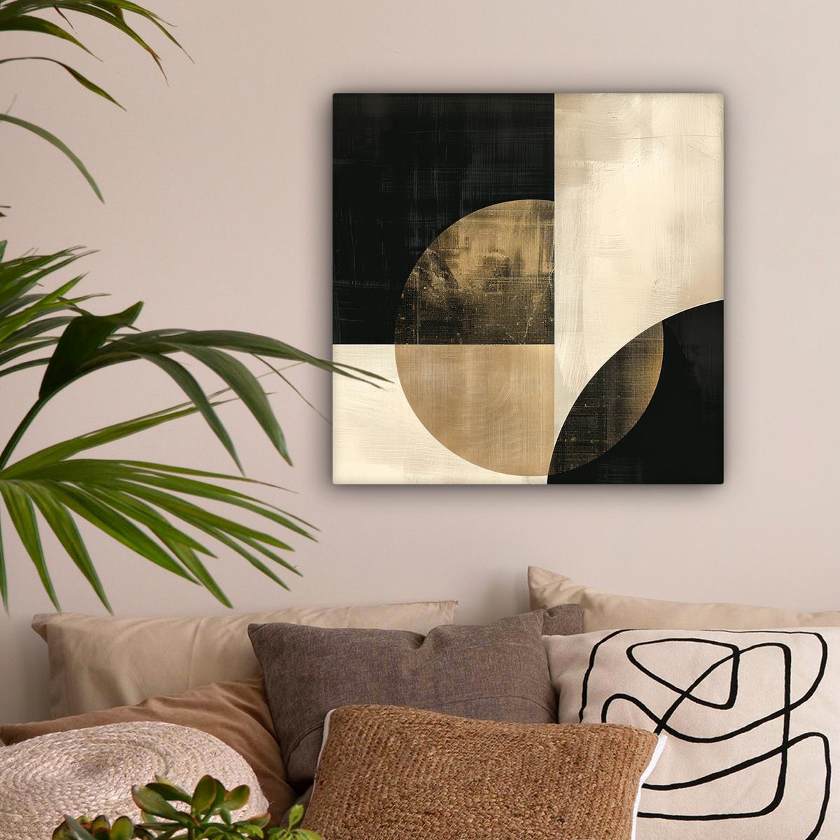 LEINWANDBILD Abstrakt - Geometrische Formen - Schwarz - Gold Wandbild Wohnzimmer 50x50 cm - Ecru, Textil (50/50cm) - MuchoWow