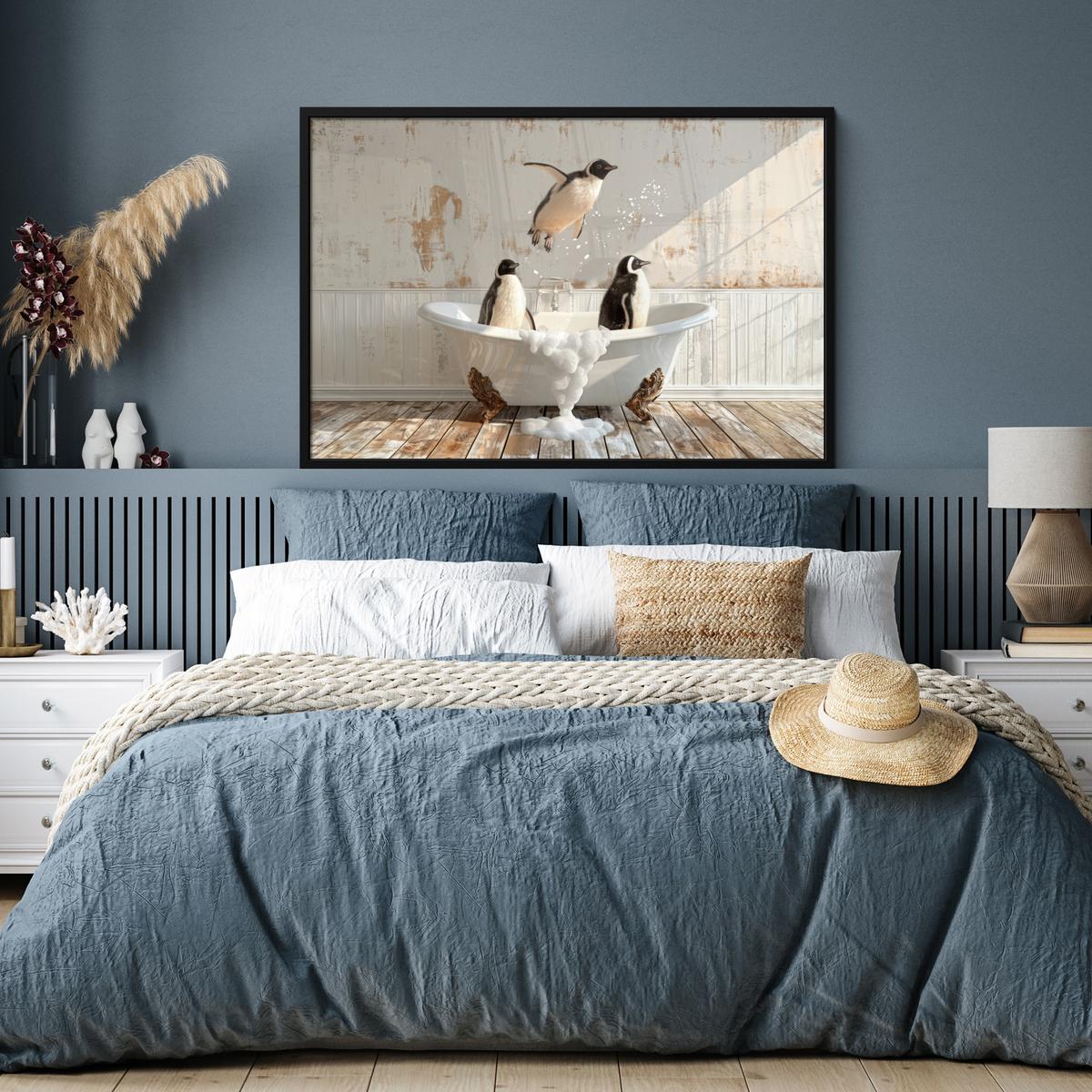 POSTER MIT RAHMENGERAHMTES BILD Vintage - Pinguin - Badewanne - Schaumstoff 120x80 cm - Schwarz, Papier (120/80cm) - MuchoWow