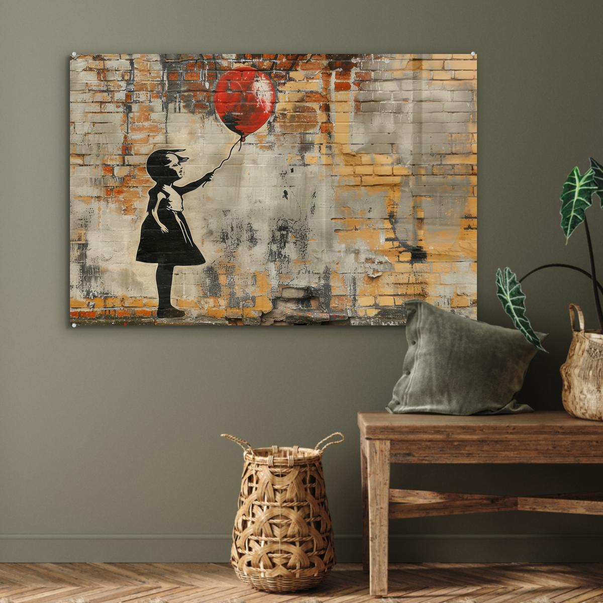 ACRYLGLASBILD Graffiti - Banksy - Mädchen - Straßenkunst Room Decor 90x60 cm - Sandfarben, Glas (90/60cm) - MuchoWow