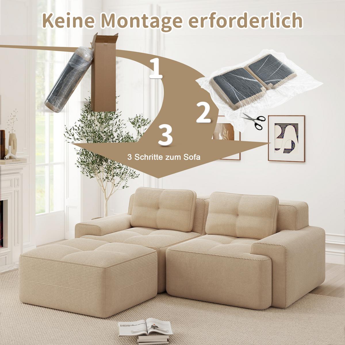 ECKSOFA Modulares Boneless Cord Sofa 2-Sitzer - Beige, Textil (204/177cm) - Urban Meuble