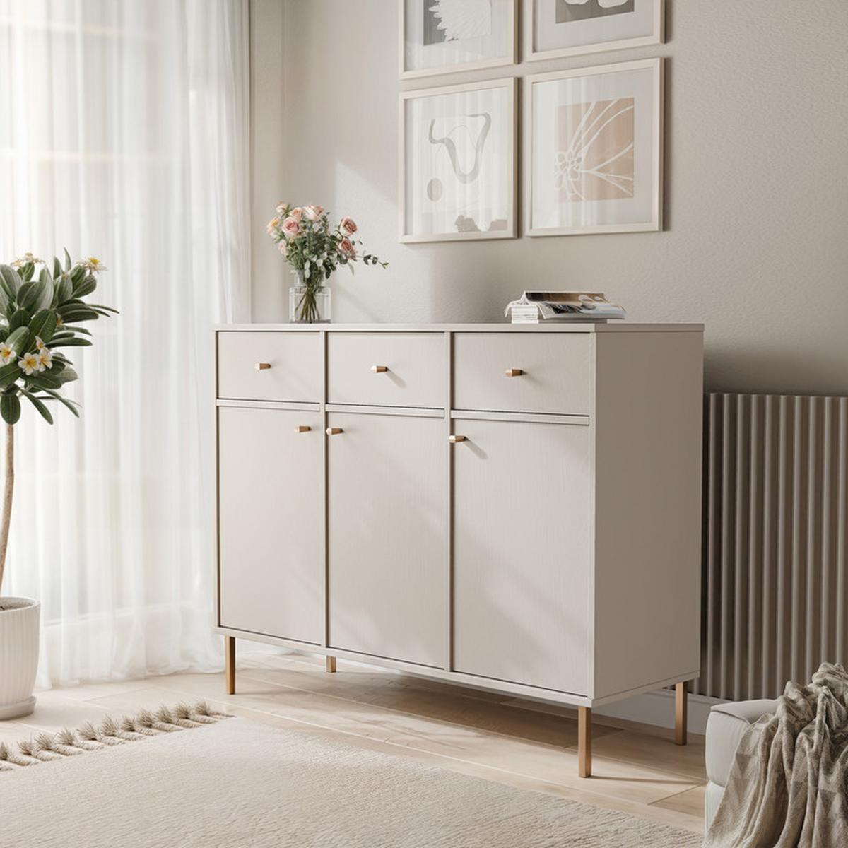KOMMODE FLOW 124/41/95 cm, 3 Schublade(n), Sandbeige - Beige, Holzwerkstoff/Metall (124.5/95/40.8cm) - Idohome