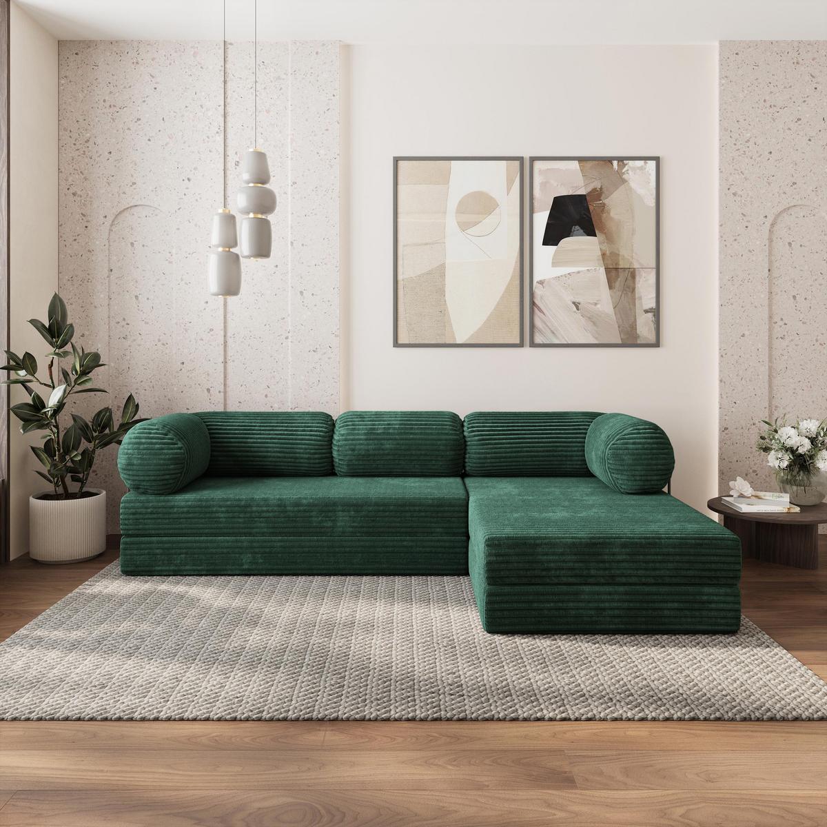 ECKSOFA ETERA modulares Boneless Sofa mit Schlaffunktion Grün Kordstoff - Grün, Textil (270/160cm) - MASSENO