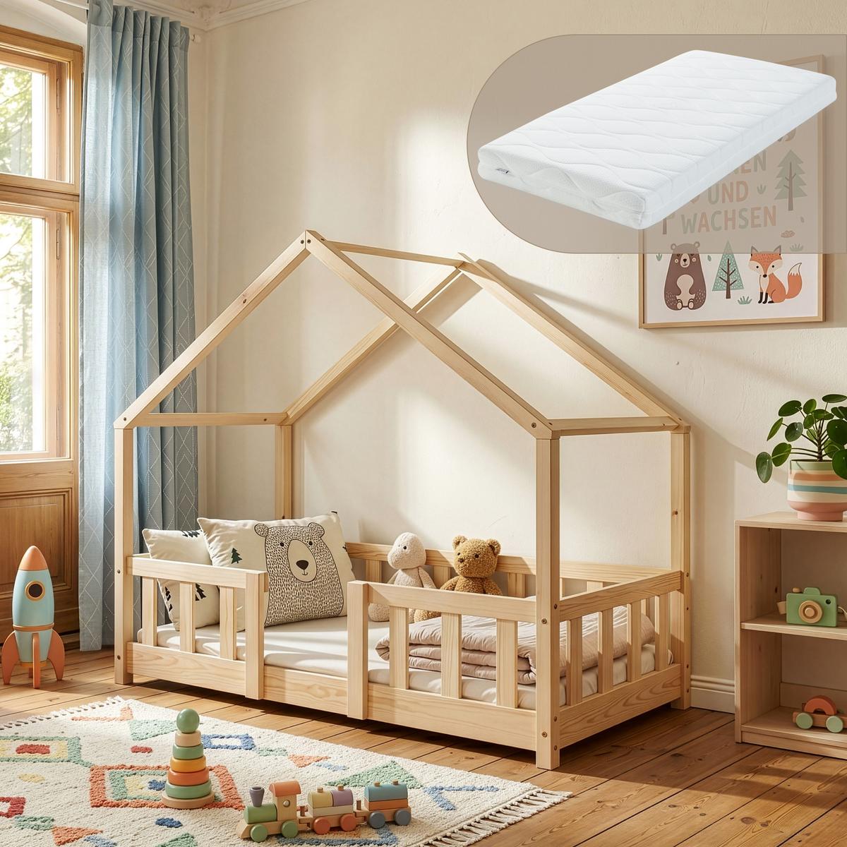 HAUSBETT Treviolo mit Matratze - Naturfarben, Holz/Textil (70/140cm) - [en.casa]