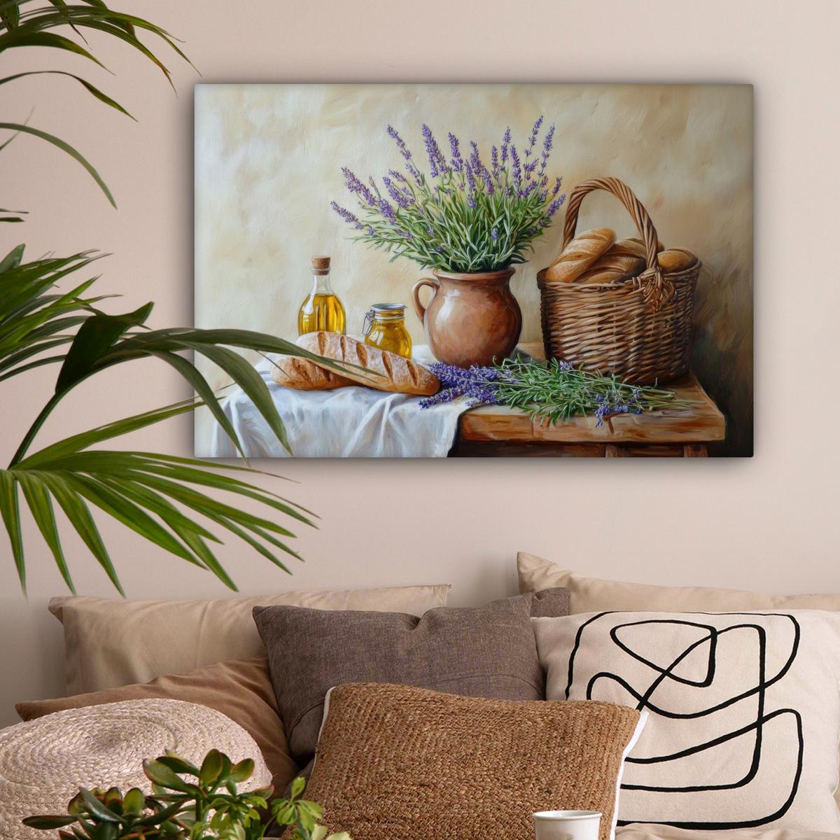 LEINWANDBILD Lavendel - Brot - Stilleben Wanddeko 90x60 cm - Flieder, Textil (90/60cm) - MuchoWow