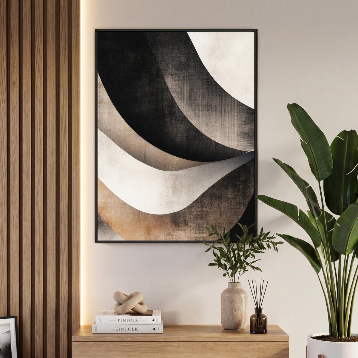 LEINWAND Bilder mit Rahmen - Abstrakt - Wellen - Schwarz - Verwittert - 70x100 - Trüffeleichefarben, Textil (70/100cm) - MuchoWow