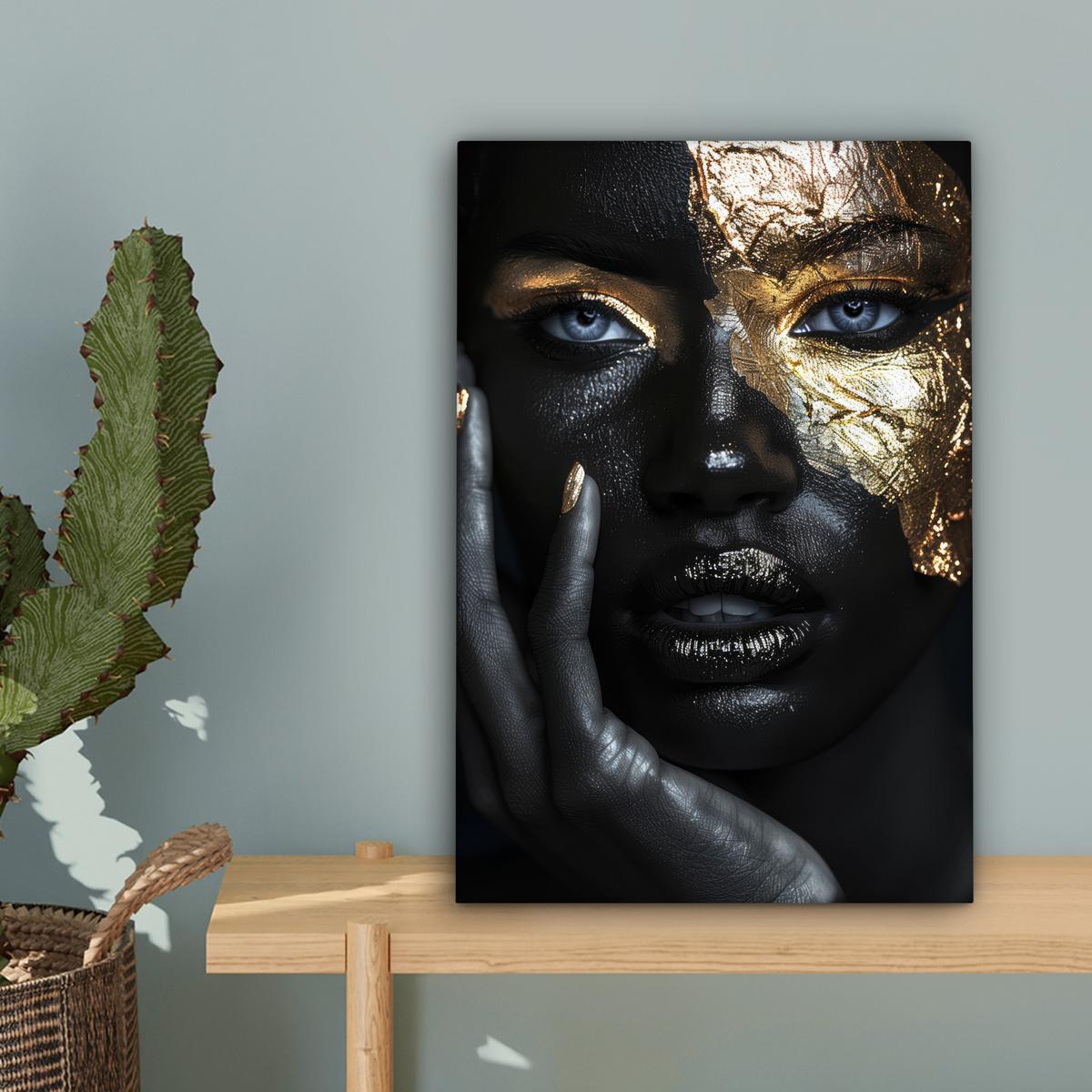 LEINWANDBILD Frau - Gold - Porträt - Schwarz-Weiß - Luxus Deko Wohnzimmer 20x30 cm - Hellblau, Textil (20/30cm) - MuchoWow