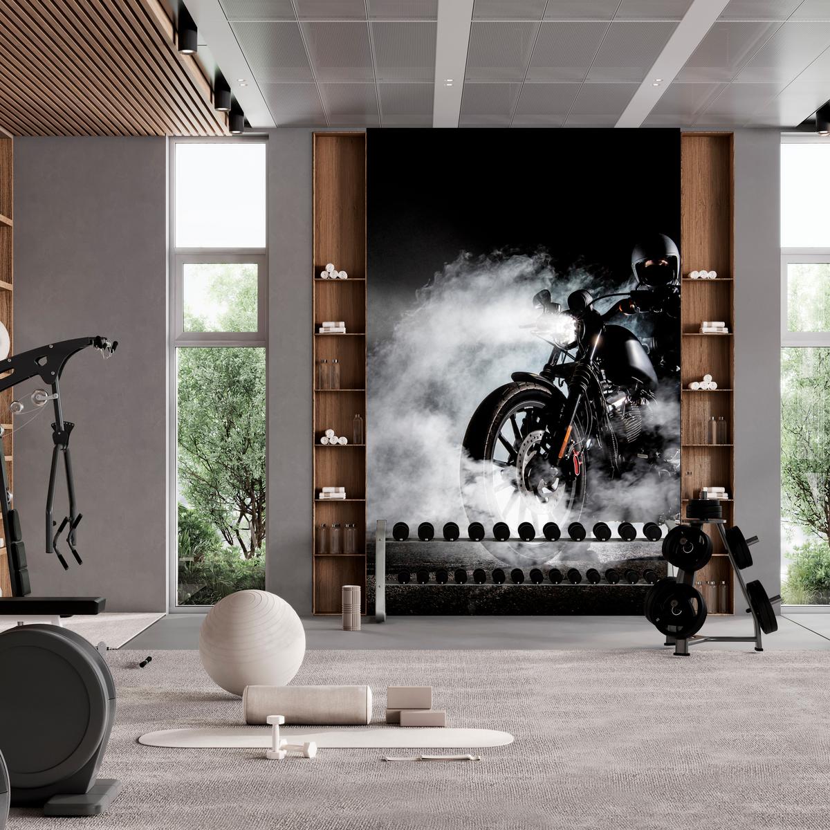 FOTOTAPETE für Jugendzimmer Motorrad Nebel Mann Straße Rauch Sport Action 350x256 - Schwarz/Weiß, Papier (350/256cm) - Muralo