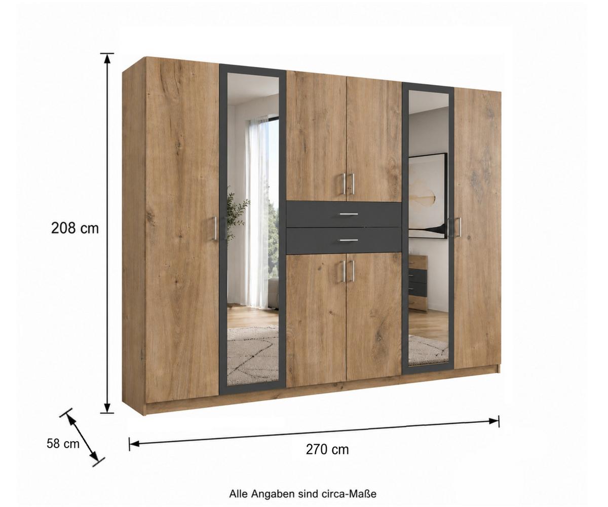 DREHTÜRENSCHRANK B270/H208/T58 cm, Eiche Dekor mit Absetzungen in Grafit, Kleiderschrank mit 2 Spiegeltüren & Schubkästen / 22596 - Eichefarben/Silberfarben, Holzwerkstoff/Kunststoff (270/208/58cm) - luma-home