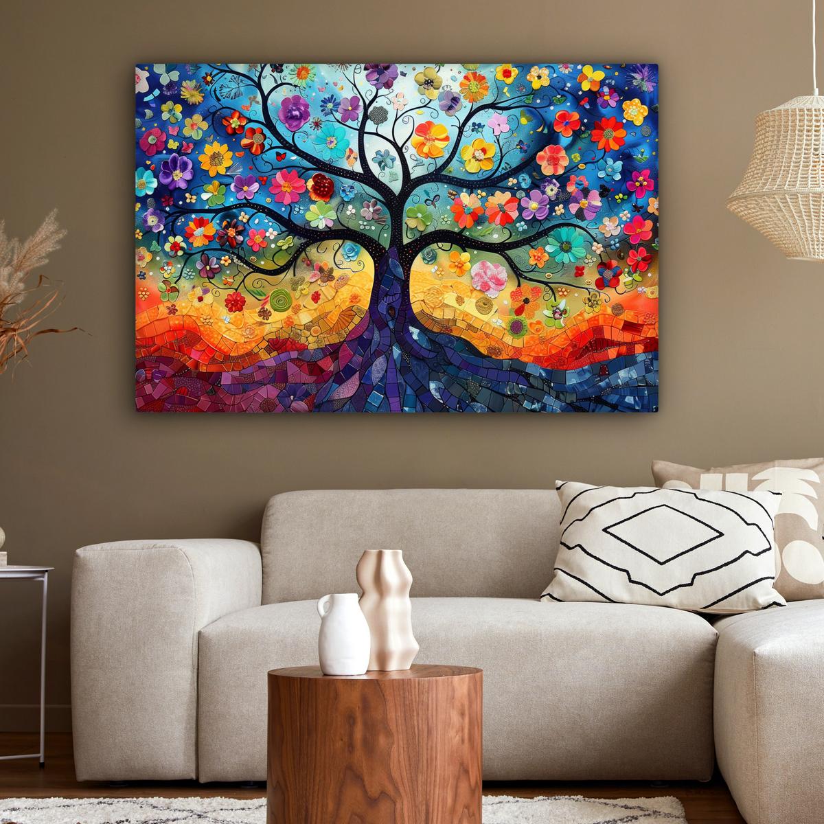 LEINWANDBILD Kunst - Baum des Lebens - Blumen - Hippie Groß 140x90 cm - Dunkelblau, Textil (140/90cm) - MuchoWow