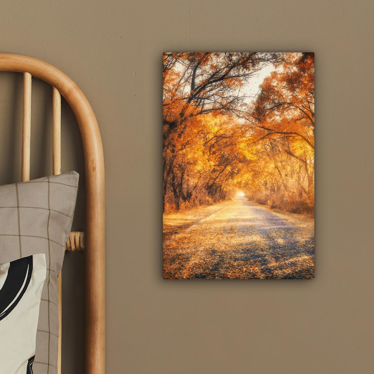 LEINWANDBILD Wald - Herbst - Bäume - Waldweg - Natur Deko Wohnzimmer 20x30 cm - Bernsteinfarben, Textil (20/30cm) - MuchoWow
