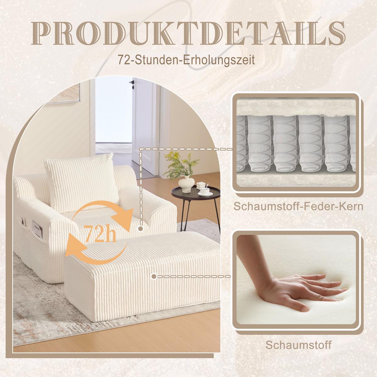 SESSEL mit Hocker in Cord Übergroßer Relaxsessel - Beige, Textil (110/67/147cm) - Urban Meuble