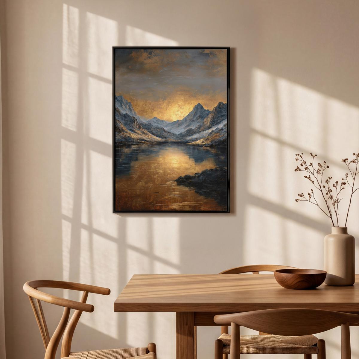 LEINWAND Bilder mit Rahmen - Bergkulisse mit goldenem Sonnenuntergang - 60x90 - Goldfarben, Textil (60/90cm) - MuchoWow