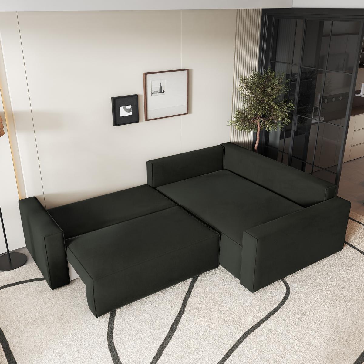ECKSOFA ERONIS R-S Schwarz Velours-Stoff mit Schlaffunktion - Schwarz, Holz (265/194cm) - MASSENO