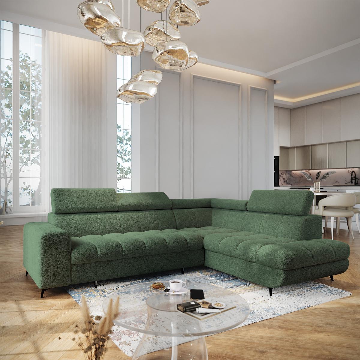 ECKSOFA MORIVA Q R-S Grün Boucle-Stoff mit Schlaffunktion - Grün, Holzwerkstoff/Textil (253/190cm) - MASSENO