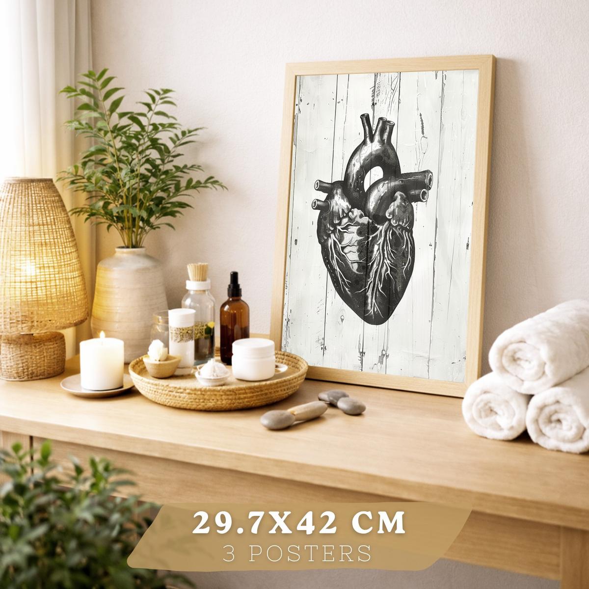 POSTER Set aus 3 Anatomie Mensch Drucke und mit Gehirn Herz Lungen Luftröhre Bronchien Industrielles Schwarz Weiß Design Größe Leichter Holzrahmen A3 - Beige, Papier (29.7/42/3cm) - Nacnic