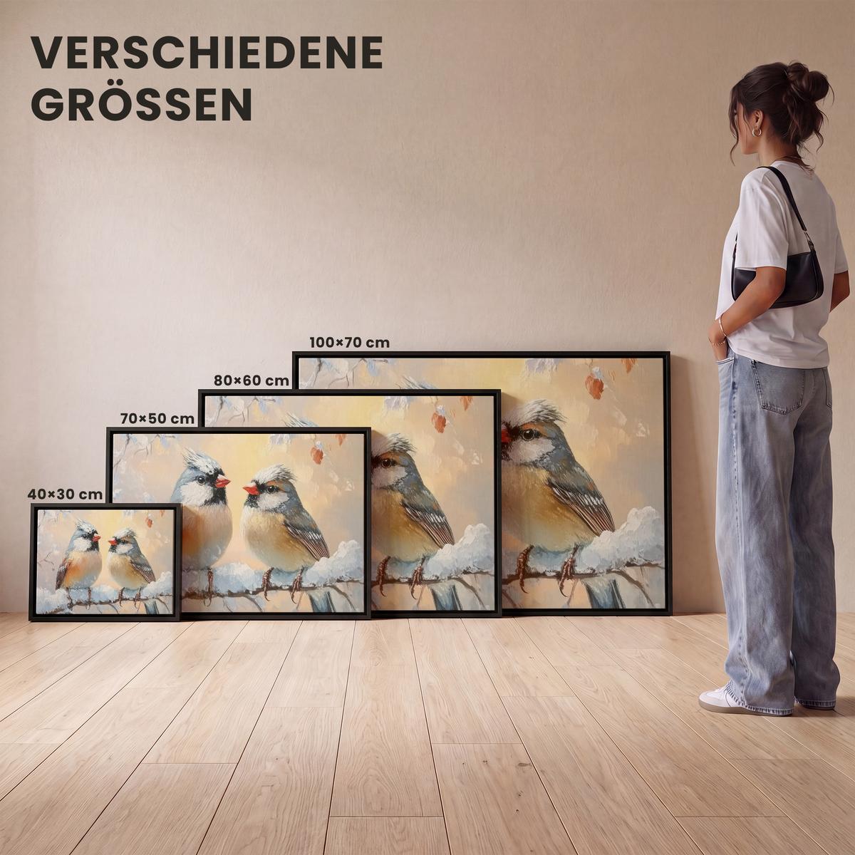 LEINWAND Bilder mit Rahmen - Vögel - Zweig - Winter - Schnee - 70x50 - Pastellblau, Textil (70/50cm) - MuchoWow