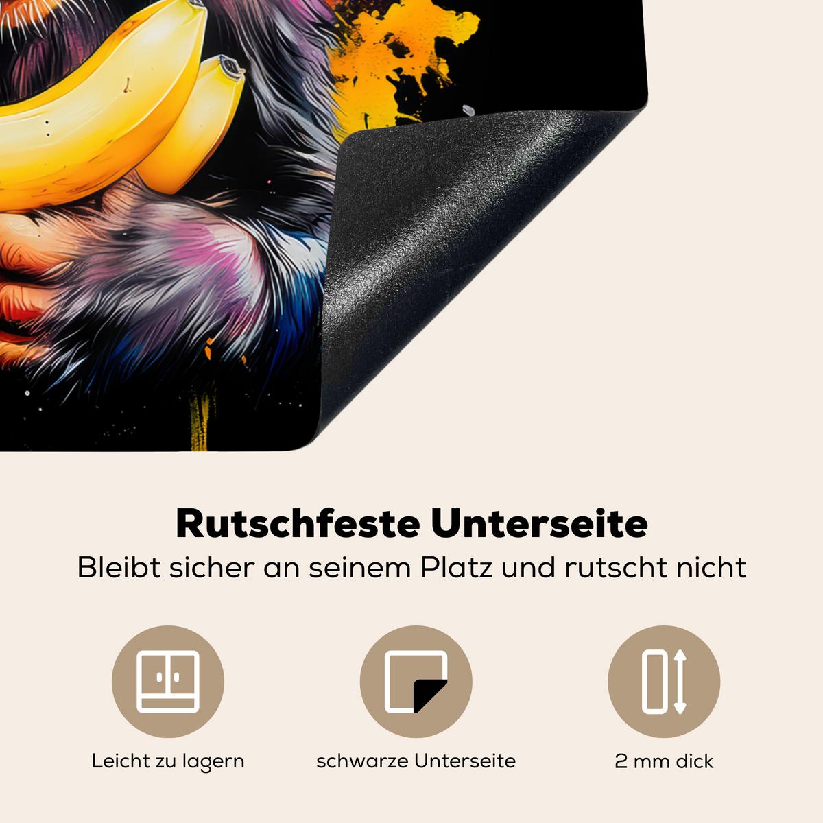HERDABDECKPLATTE Affe - Graffiti - Farbenfroh - Bananen - Modern Herdabdeckung Induktionsfeld 65x52 cm - Gelb, Kunststoff (65/52/0.2cm) - MuchoWow