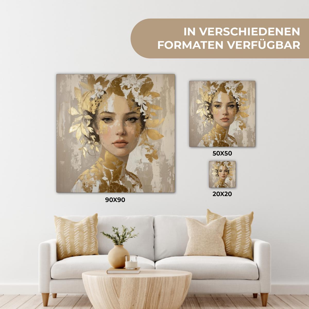 LEINWANDBILD Gesicht - Frau - Blätter - Gold Wandbild Wohnzimmer 50x50 cm - Beige, Textil (50/50cm) - MuchoWow