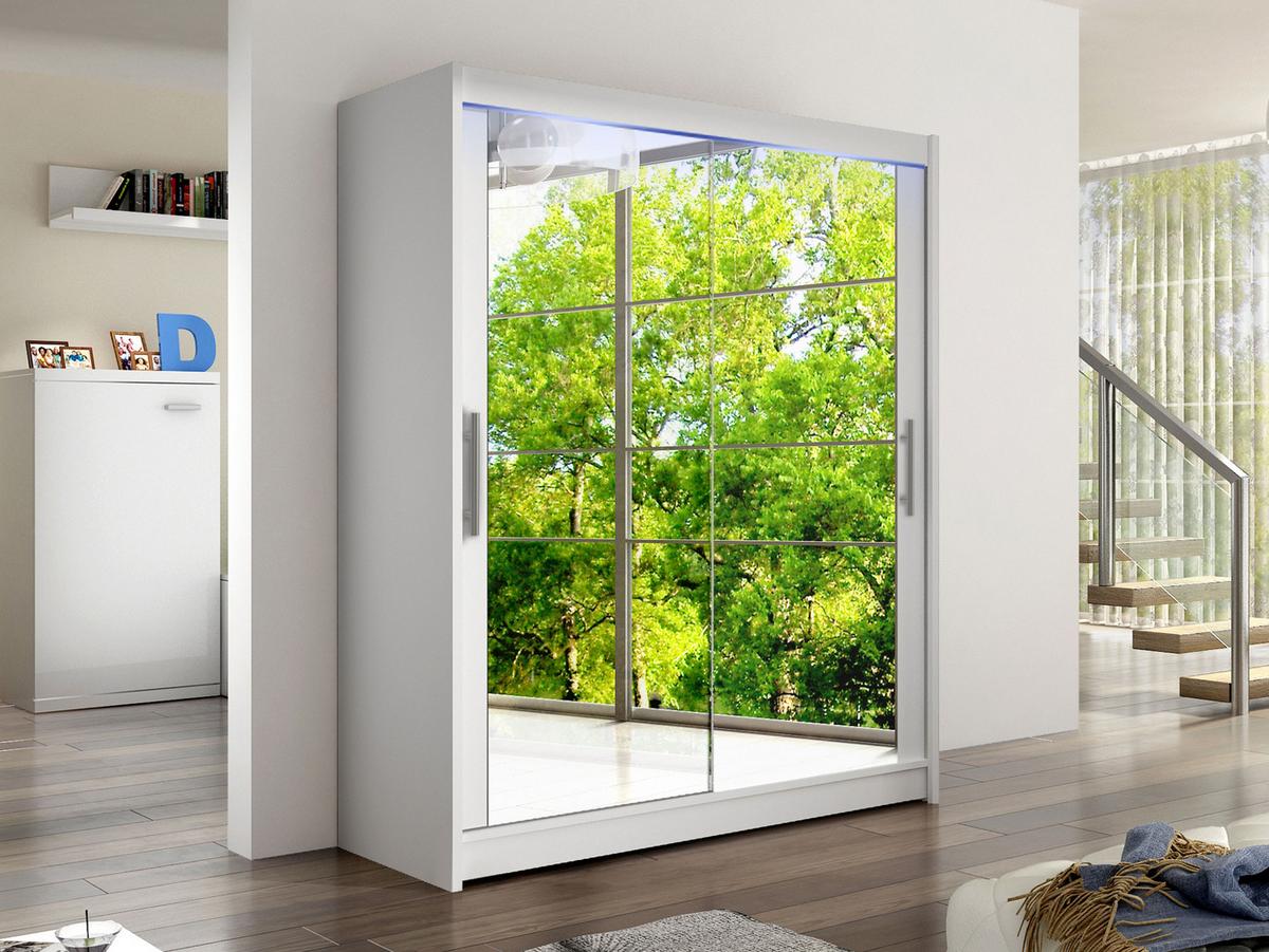 SCHWEBETÜRENSCHRANK Westa XI, mit RGB LED Beleuchtung - Silberfarben/Weiß, Holzwerkstoff/Metall (150/200/58cm) - MIRJAN24