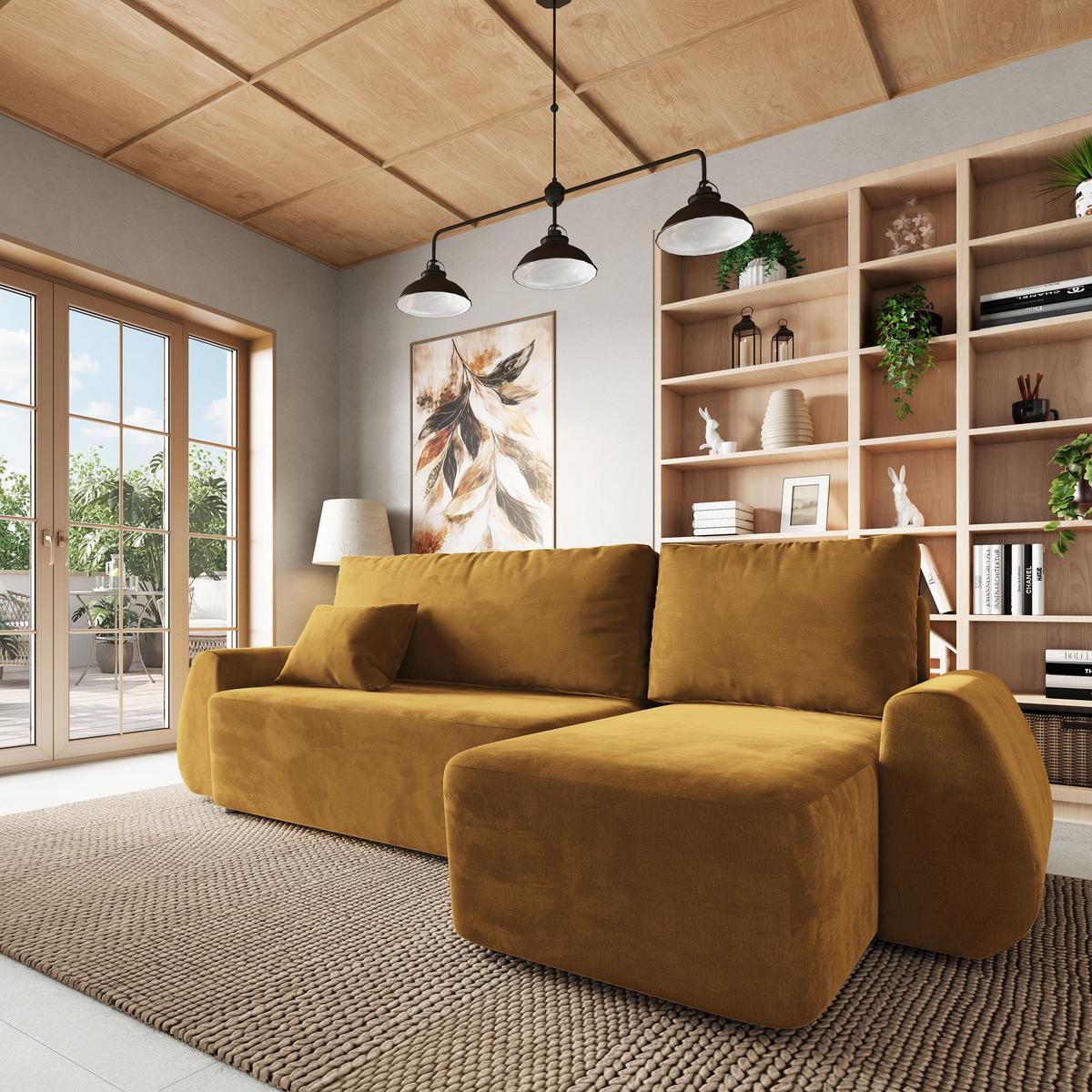 ECKSOFA GALVIS Gelb Velours-Stoff mit Schlaffunktion - Gelb, Holz (256/156cm) - MASSENO