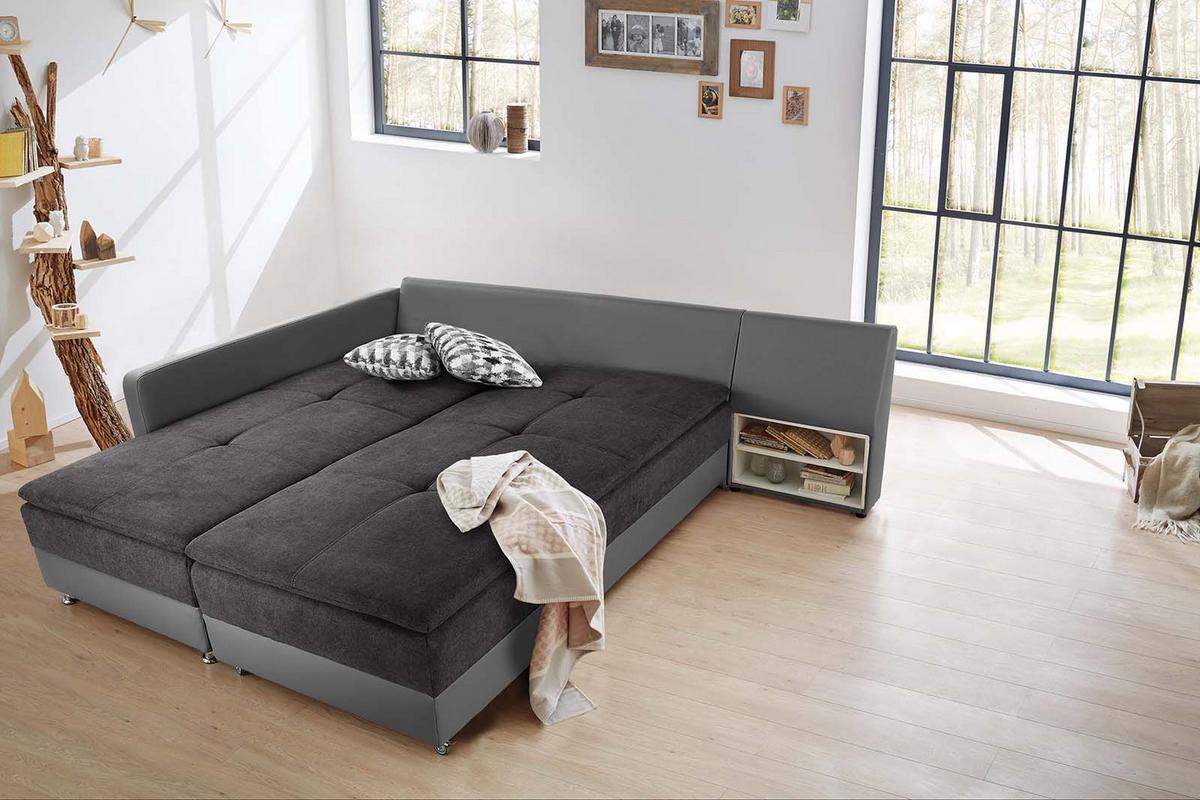 ECKSOFA-DAUERSCHLÄFER Doppelbett Boxspring Federkern Topper, Schwenkteil rechts B306/T223/H95 cm, Kunstleder Grau+Mikrofaser Anthrazit / 15106 - Chromfarben/Anthrazit, Kunststoff/Textil (306/223cm) - luma-home