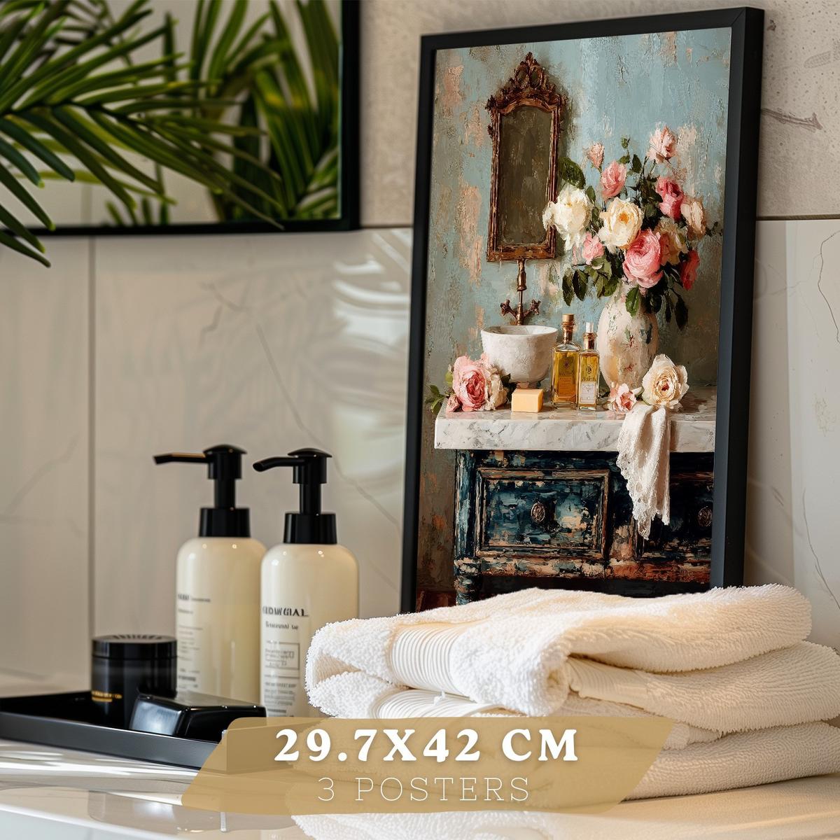 POSTER 3er-Set dekorative Badezimmerdrucke, romantischer Stil, Bilder mit Rosen Badewanne und Parfums, Blumenposter, Schwarzer Rahmen A3 - Schwarz, Papier (42/29.7/3cm) - Nacnic