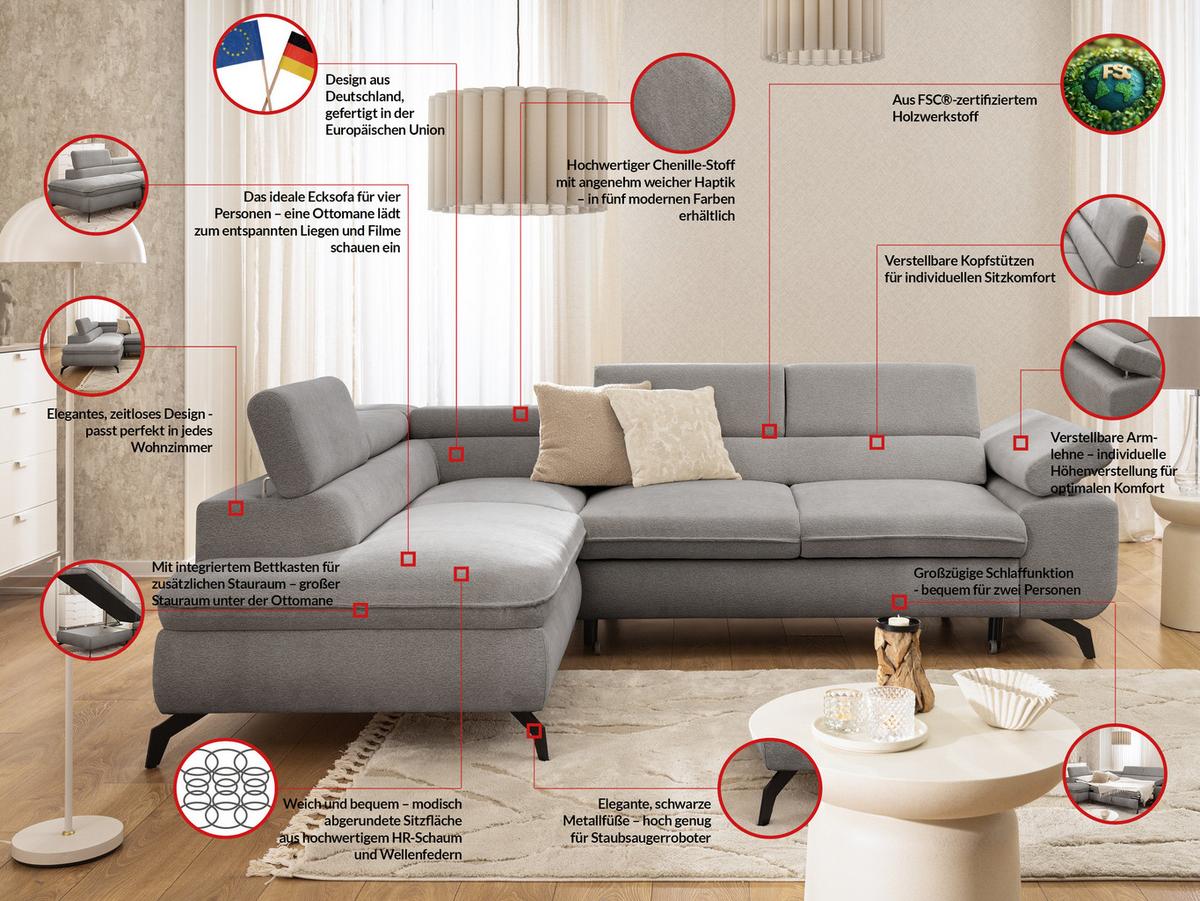 ECKSOFA mit Schlaffunktion und Bettkasten Bonnie aus Hellgrau Chenille-Stoff mit verstellbaren Kopfstützen und Armlehne - Ottomane links - Hellgrau/Schwarz, Holz/Textil (275/210cm) - S-Style Möbel