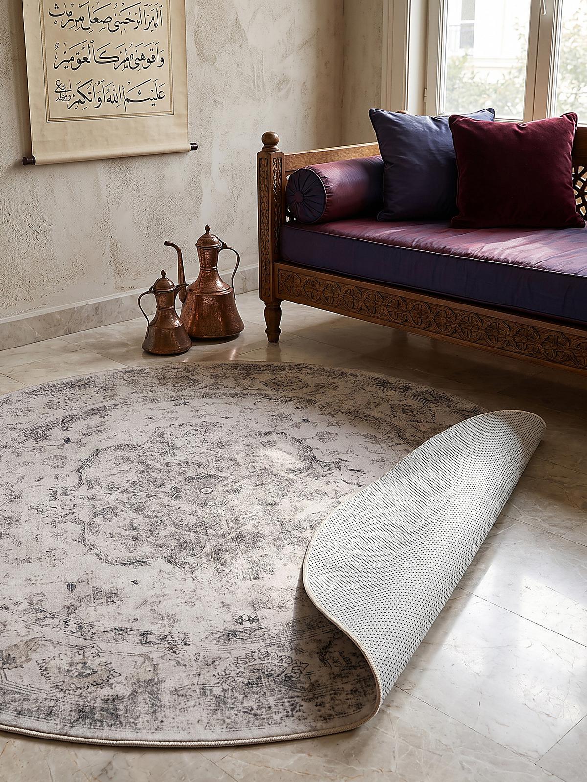 TEPPICH Kurzflor, waschbar, mit floralen Ornamenten, VERNANTE in Beige-Grau, Ø 200 cm - Beige, Textil (200/200cm) - KADIMA DESIGN