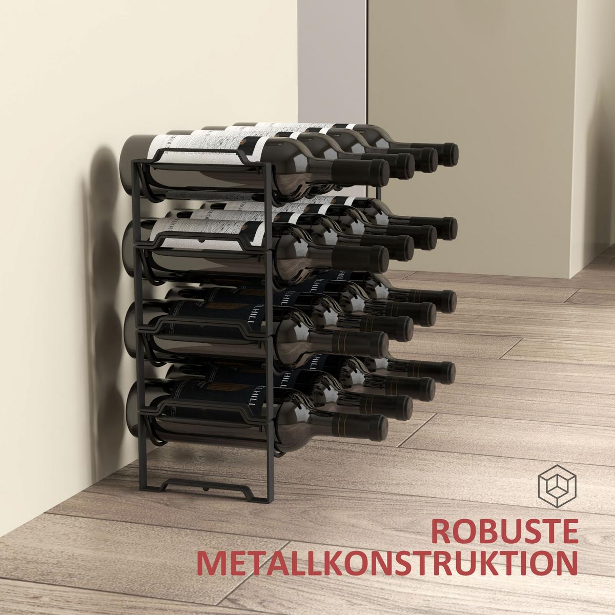 4-STUFIGES Weinregal, freistehendes Regal für 16 Weinflaschen, Metall, Schwarz - Schwarz, Metall (16.5/41/42.5cm) - HOMCOM