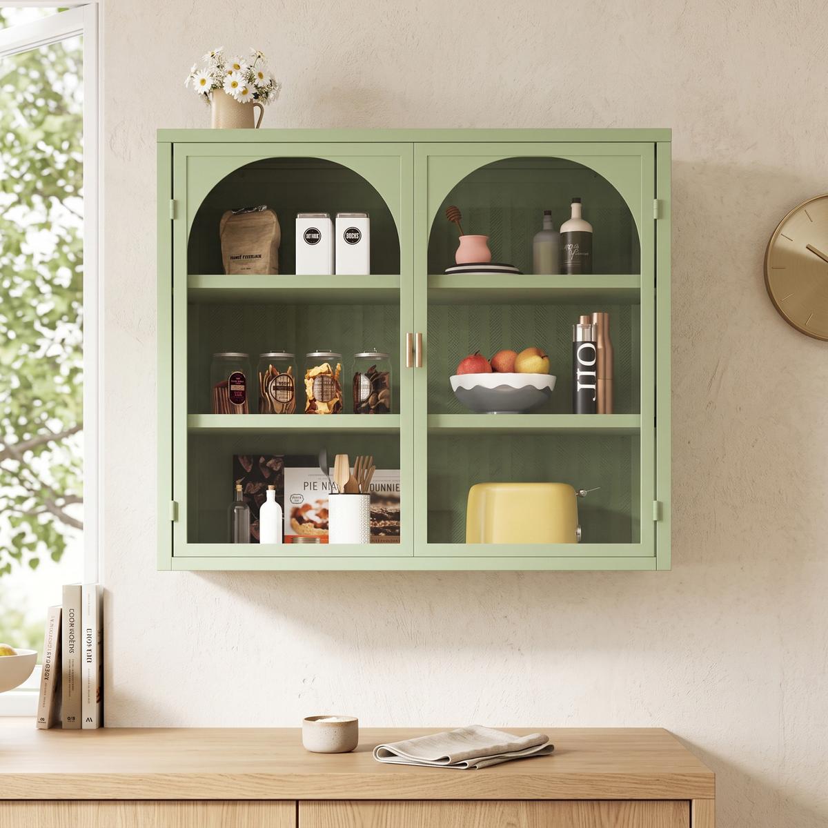 WANDSCHRANK Metall & Glas 2 Türen mit 3 Ebenen & Webmuster Grün 70cm - Grün, Metall (70/60/23cm) - Urban Meuble