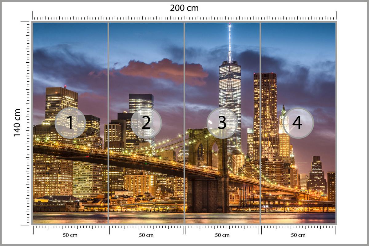 FOTOTAPETE für Wohnzimmer New York Nacht Brooklyn Bridge Wolkenkratzer 200x140 - Blau/Gelb, Papier (200/140cm) - Muralo